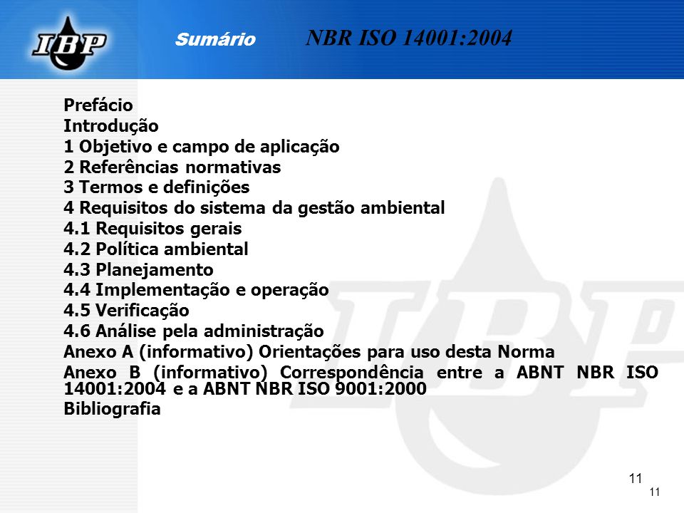 NBR ISO 14001:2004 Sumário Prefácio Introdução