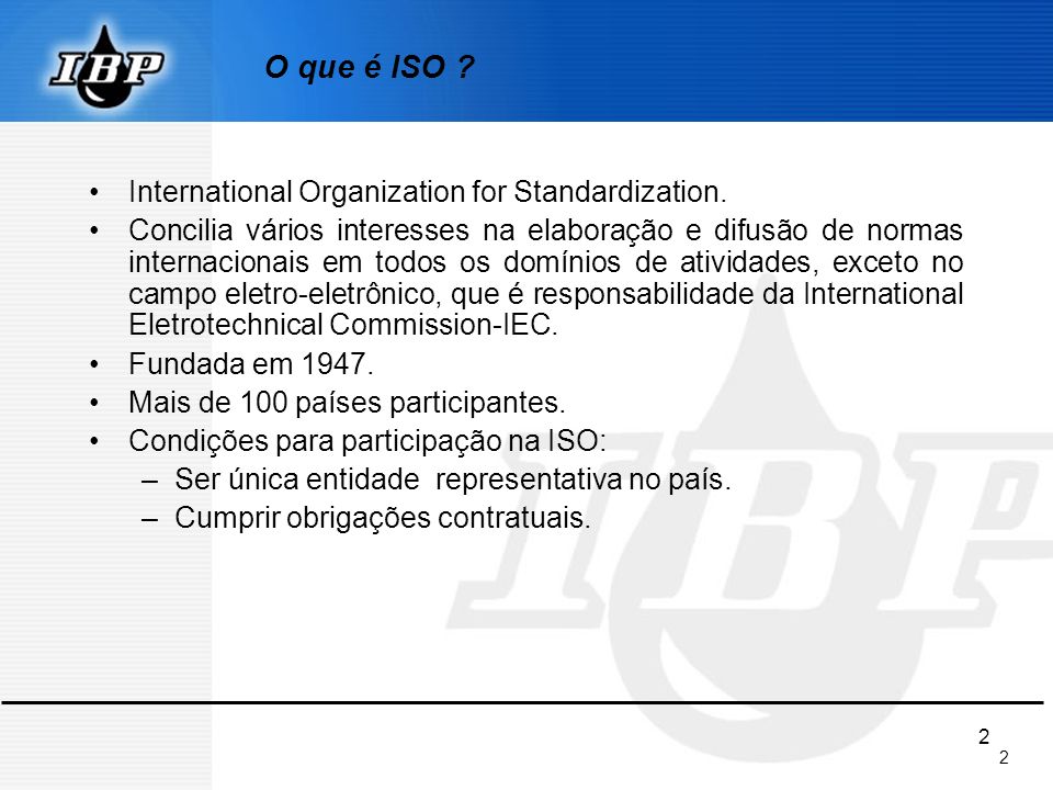 O que é ISO International Organization for Standardization.