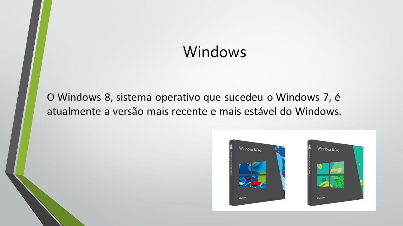 Windows O Windows 8, sistema operativo que sucedeu o Windows 7, é atualmente a versão mais recente e mais estável do Windows.