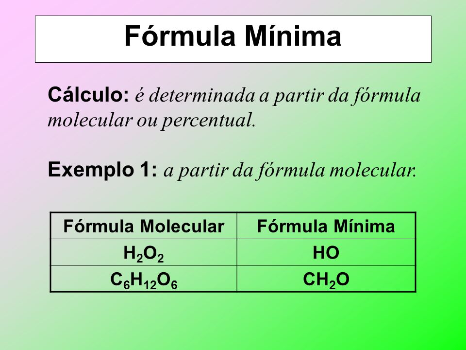 Fórmula Mínima Cálculo: é determinada a partir da fórmula molecular ou percentual. Exemplo 1: a partir da fórmula molecular.