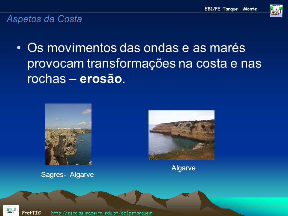 EB1/PE Tanque - Monte Aspetos da Costa. Os movimentos das ondas e as marés provocam transformações na costa e nas rochas – erosão.