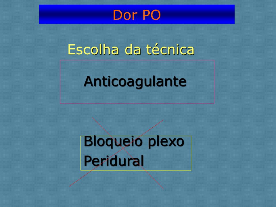 Dor PO Escolha da técnica Anticoagulante Bloqueio plexo Peridural