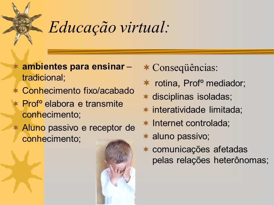 Educação virtual: Conseqüências: rotina, Profº mediador;
