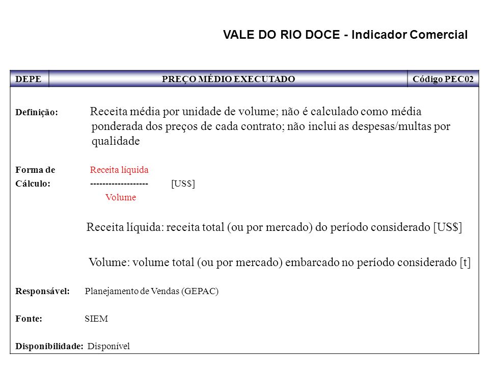 VALE DO RIO DOCE - Indicador Comercial