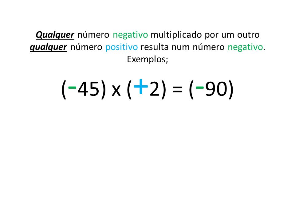 Qualquer número negativo multiplicado por um outro qualquer número positivo resulta num número negativo.
