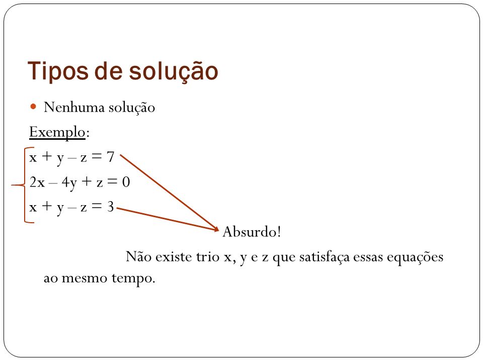 Tipos de solução Nenhuma solução Exemplo: x + y – z = 7