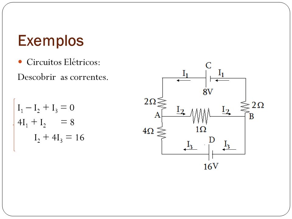 Exemplos Circuitos Elétricos: Descobrir as correntes. I1  I2 + I3 = 0
