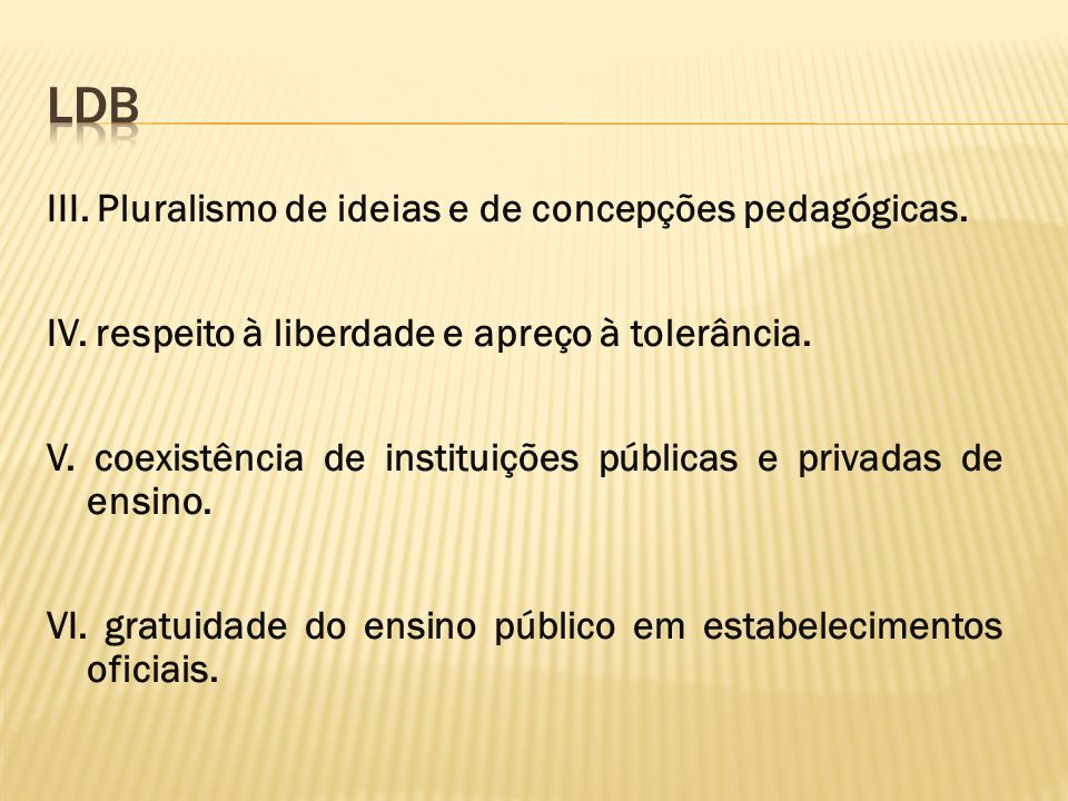 LDB III. Pluralismo de ideias e de concepções pedagógicas.