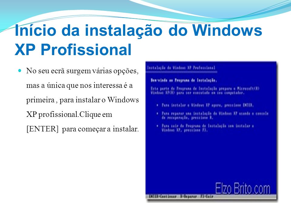Início da instalação do Windows XP Profissional