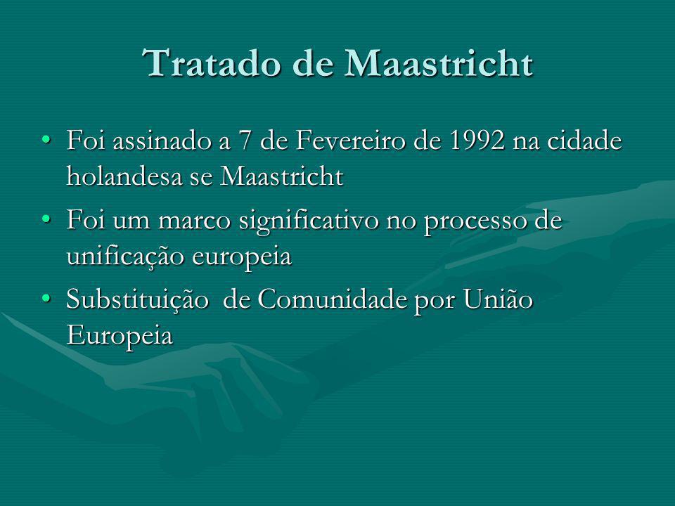Tratado de Maastricht Foi assinado a 7 de Fevereiro de 1992 na cidade holandesa se Maastricht.
