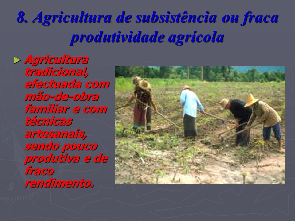 8. Agricultura de subsistência ou fraca produtividade agrícola