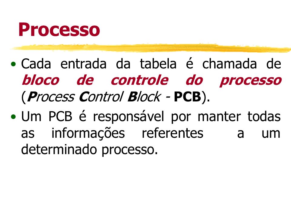 Processo Cada entrada da tabela é chamada de bloco de controle do processo (Process Control Block - PCB).