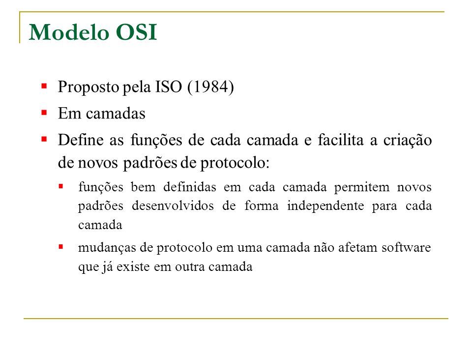 Modelo OSI Proposto pela ISO (1984) Em camadas