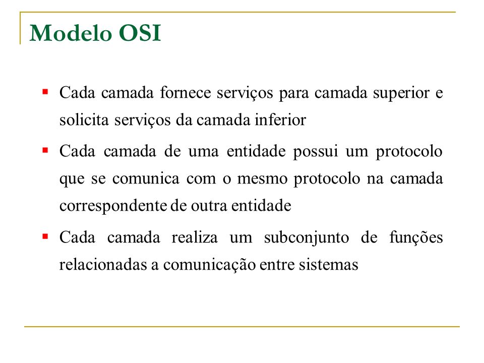 Modelo OSI Cada camada fornece serviços para camada superior e solicita serviços da camada inferior.