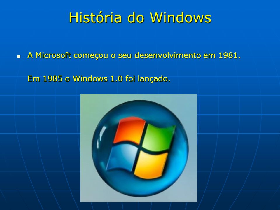 História do Windows A Microsoft começou o seu desenvolvimento em 1981.