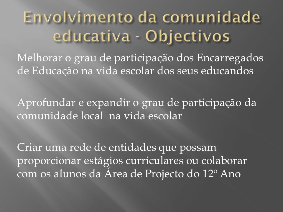 Envolvimento da comunidade educativa - Objectivos