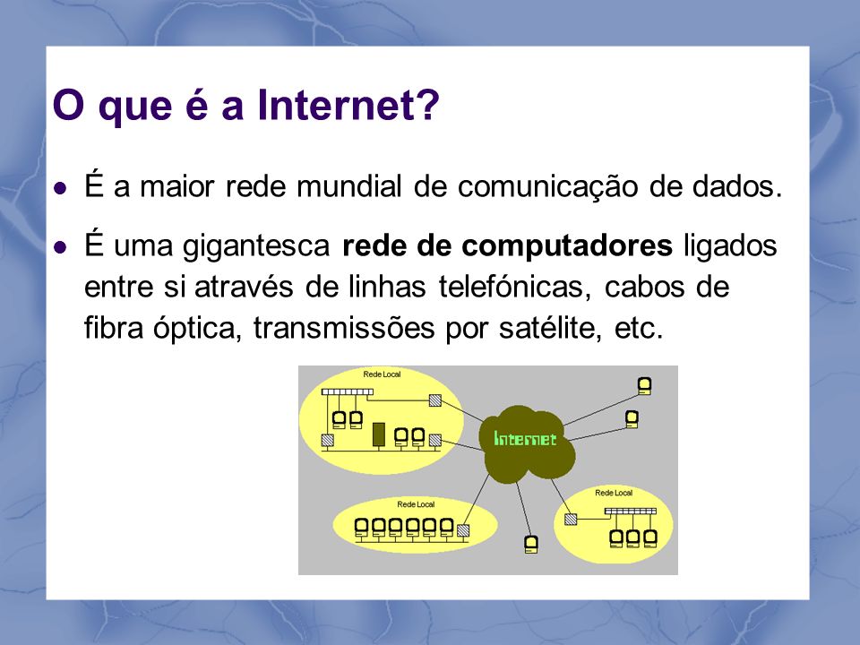 O que é a Internet É a maior rede mundial de comunicação de dados.