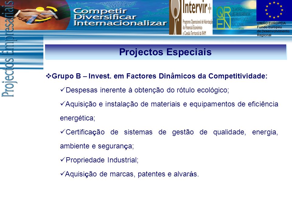 Projectos Especiais Grupo B – Invest. em Factores Dinâmicos da Competitividade: Despesas inerente à obtenção do rótulo ecológico;