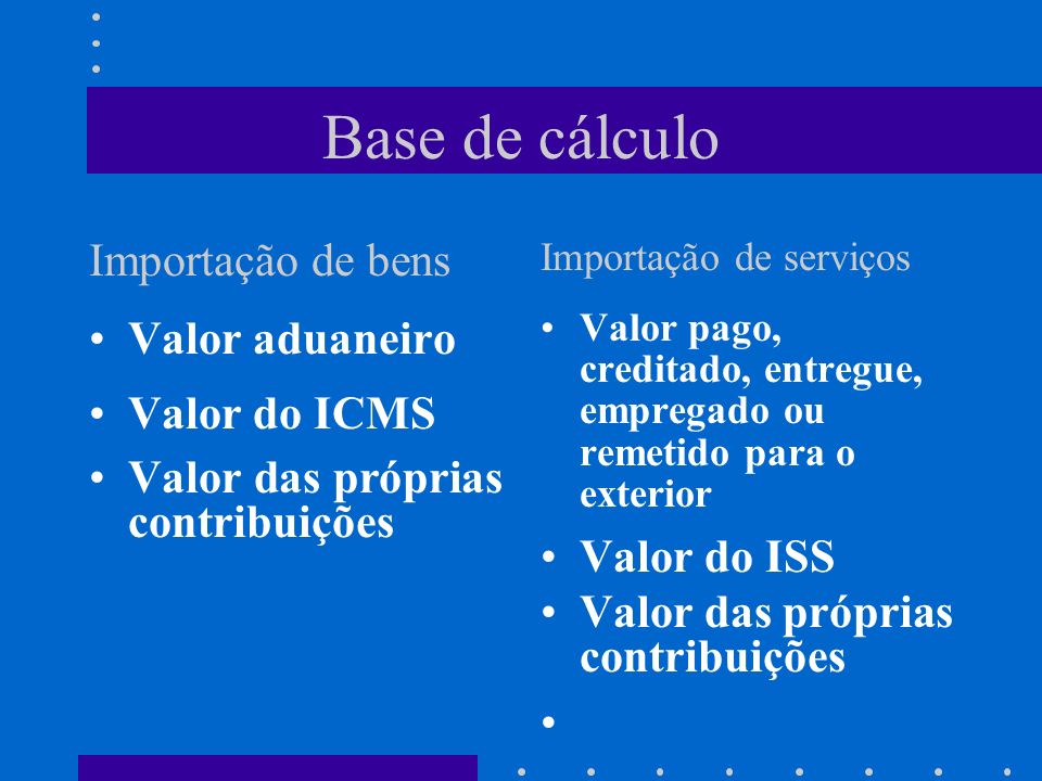 Base de cálculo Importação de bens Valor aduaneiro Valor do ICMS