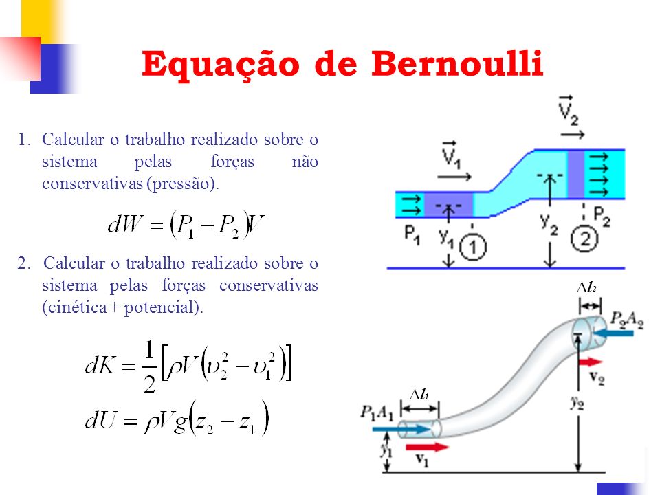 Equação de Bernoulli Calcular o trabalho realizado sobre o sistema pelas forças não conservativas (pressão).