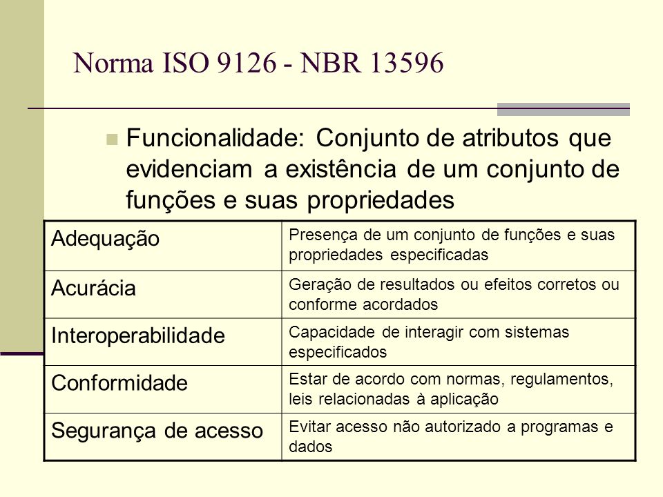 Norma ISO NBR Funcionalidade: Conjunto de atributos que evidenciam a existência de um conjunto de funções e suas propriedades.
