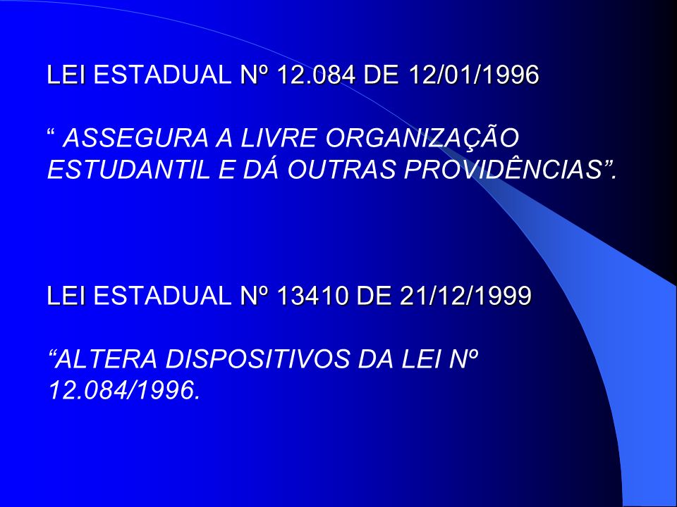 LEI ESTADUAL Nº DE 12/01/1996 ASSEGURA A LIVRE ORGANIZAÇÃO ESTUDANTIL E DÁ OUTRAS PROVIDÊNCIAS .