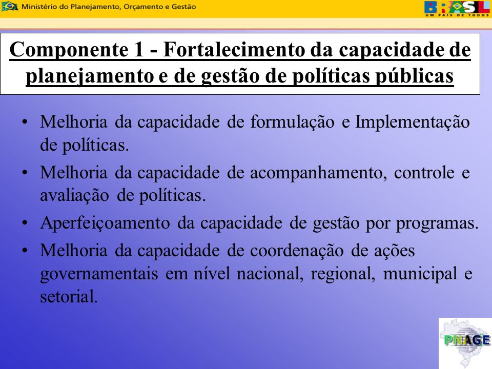 Componente 1 - Fortalecimento da capacidade de planejamento e de gestão de políticas públicas