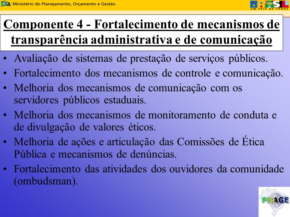 Componente 4 - Fortalecimento de mecanismos de transparência administrativa e de comunicação