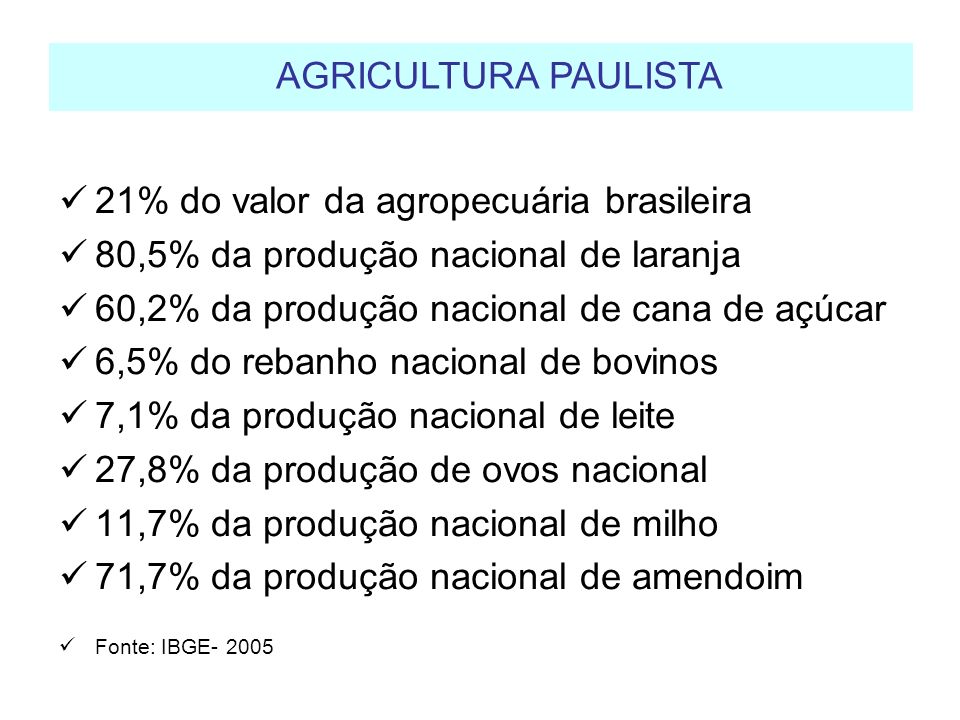 AGRICULTURA PAULISTA 21% do valor da agropecuária brasileira
