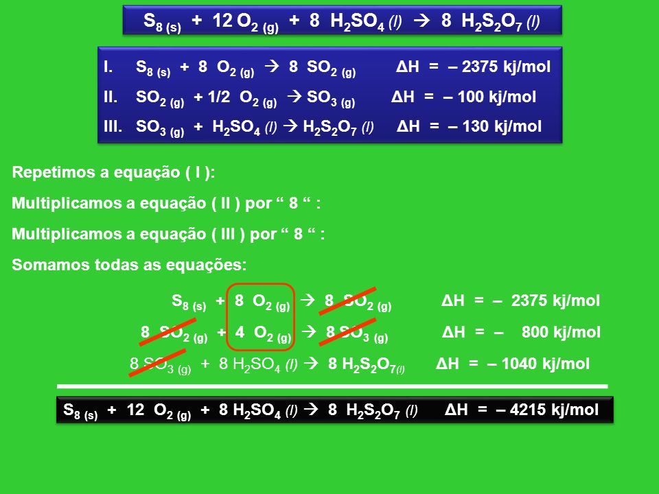S8 (s) + 12 O2 (g) + 8 H2SO4 (l)  8 H2S2O7 (l)