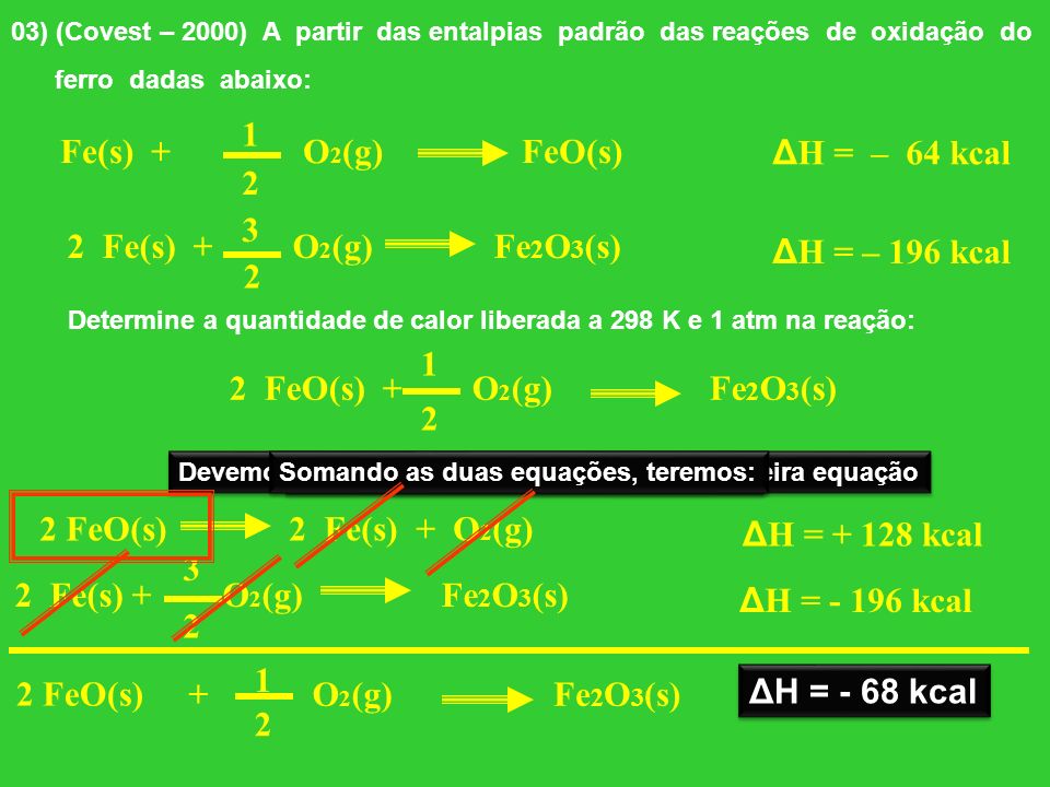 1 Fe(s) + O2(g) FeO(s) ΔH = – 64 kcal Fe(s) + O2(g) Fe2O3(s)