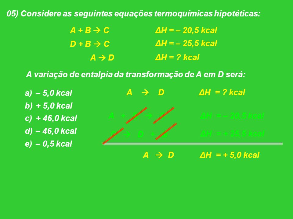 05) Considere as seguintes equações termoquímicas hipotéticas: