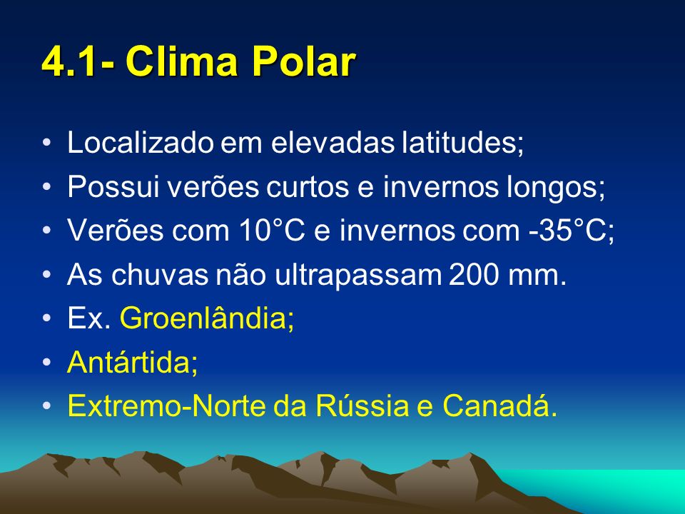 4.1- Clima Polar Localizado em elevadas latitudes;