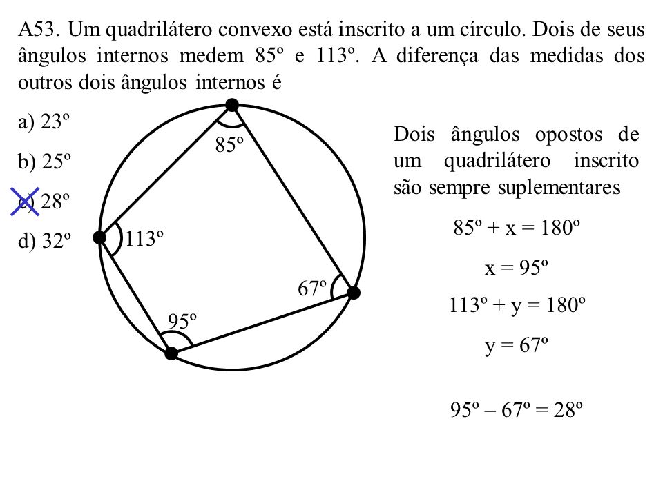 A53. Um quadrilátero convexo está inscrito a um círculo