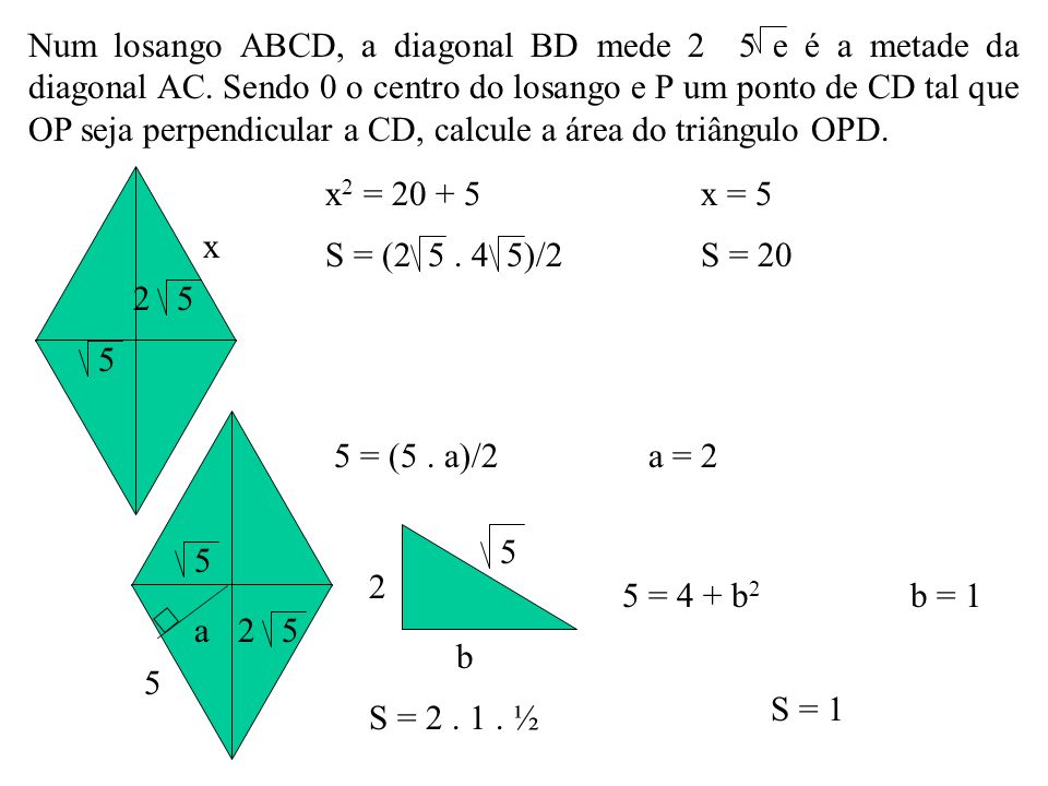Num losango ABCD, a diagonal BD mede 2 5 e é a metade da diagonal AC