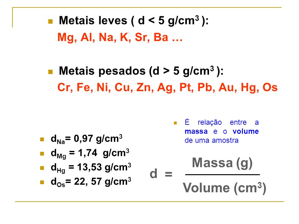 Massa (g) d = Volume (cm3) Metais leves ( d < 5 g/cm3 ):
