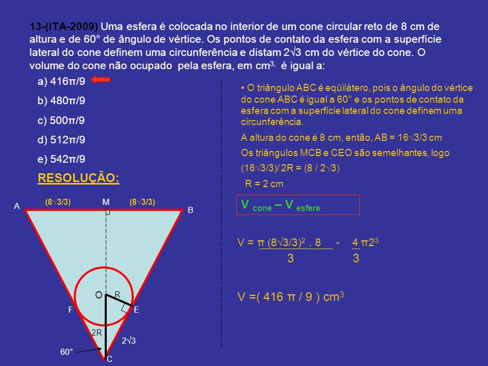 RESOLUÇÃO: V cone – V esfera 3 3 V =( 416 π / 9 ) cm3