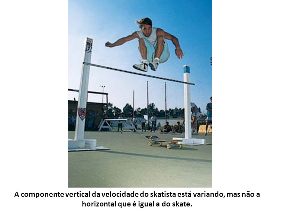 A componente vertical da velocidade do skatista está variando, mas não a horizontal que é igual a do skate.