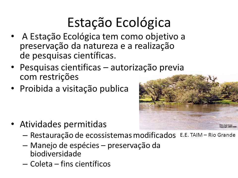 Estação Ecológica A Estação Ecológica tem como objetivo a preservação da natureza e a realização de pesquisas científicas.