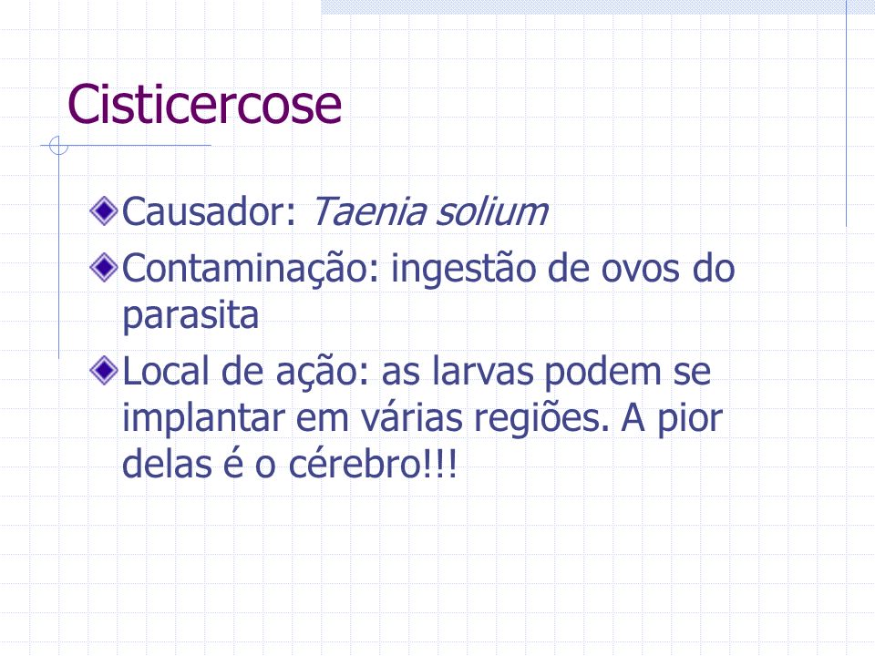 Cisticercose Causador: Taenia solium
