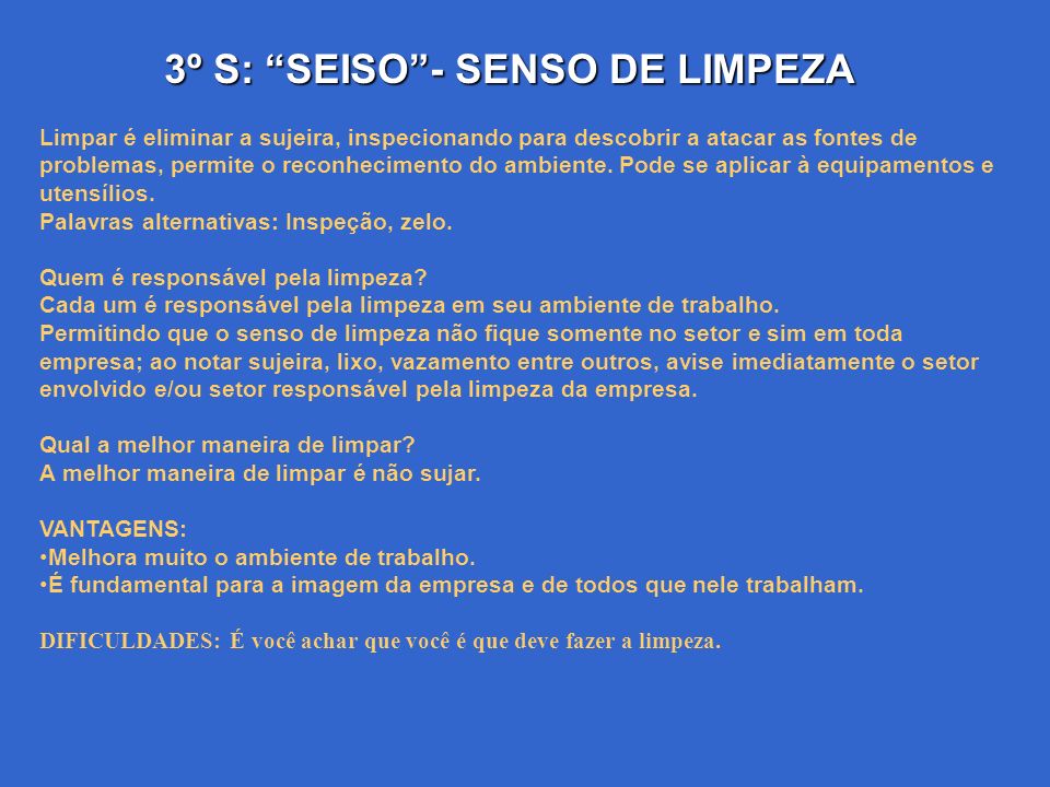 3º S: SEISO - SENSO DE LIMPEZA