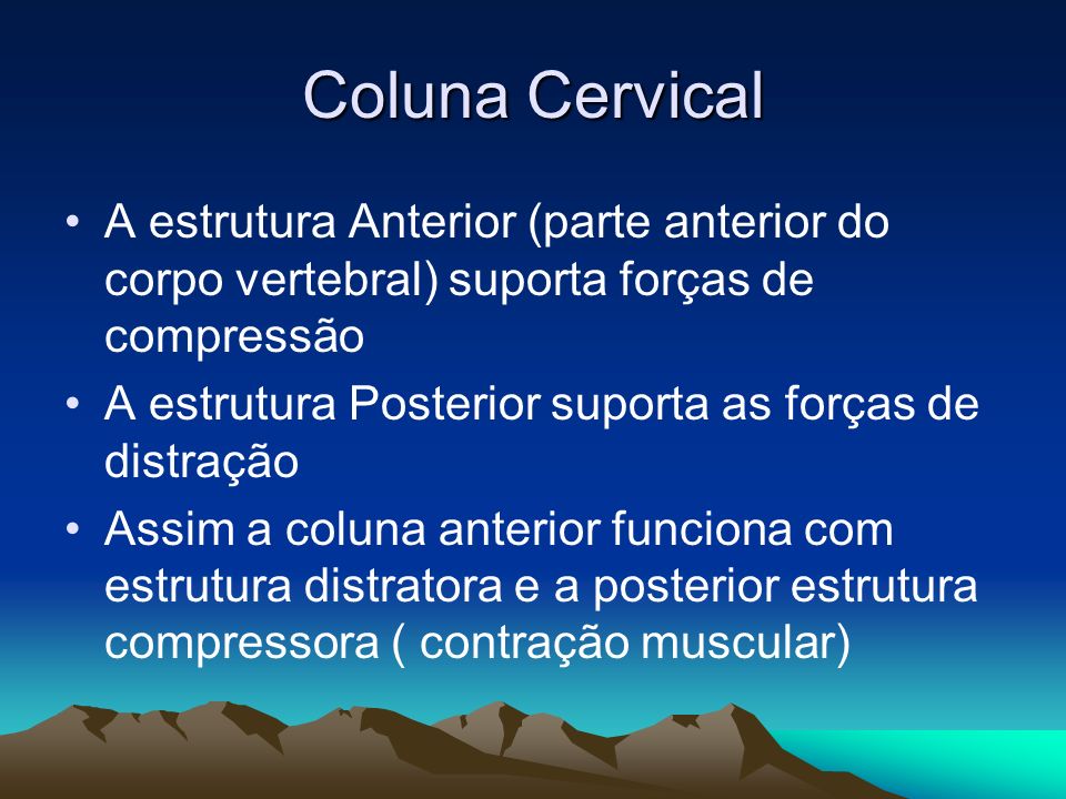 Coluna Cervical A estrutura Anterior (parte anterior do corpo vertebral) suporta forças de compressão.