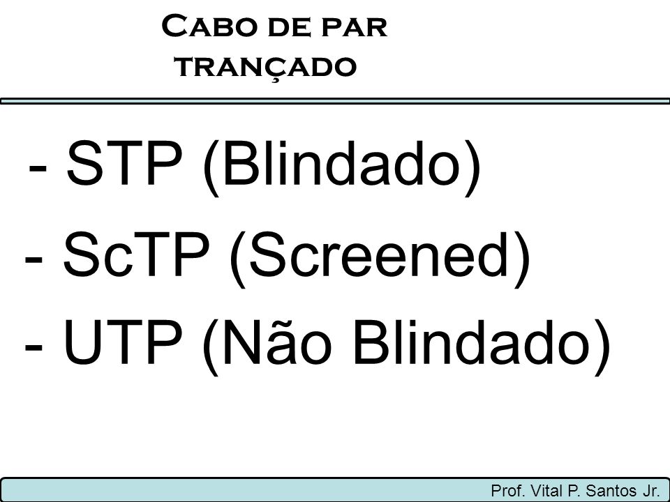 - STP (Blindado) - ScTP (Screened) - UTP (Não Blindado) Cabo de par