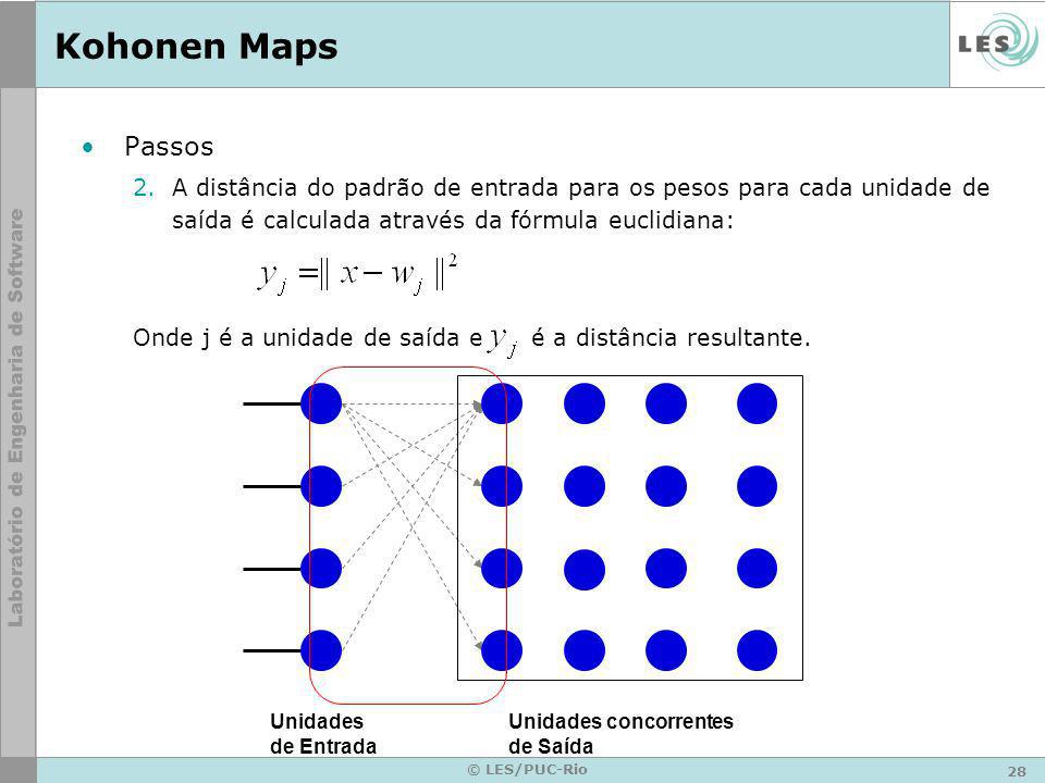 Kohonen Maps Passos. A distância do padrão de entrada para os pesos para cada unidade de saída é calculada através da fórmula euclidiana: