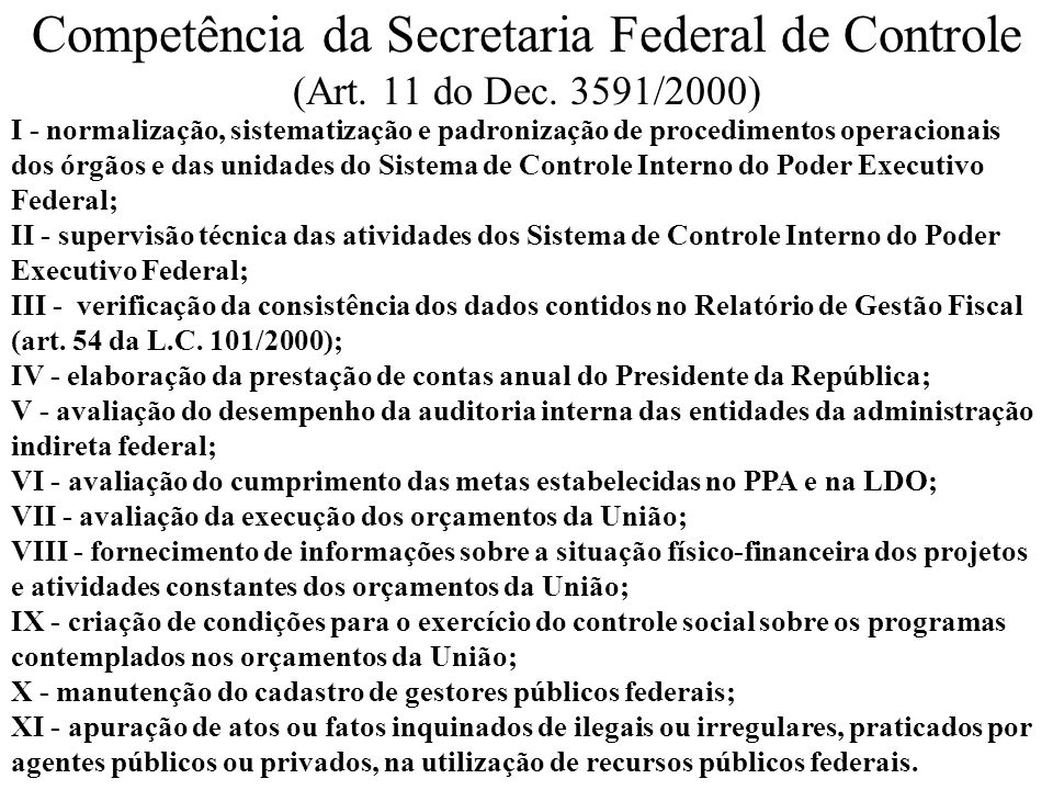 Competência da Secretaria Federal de Controle (Art. 11 do Dec