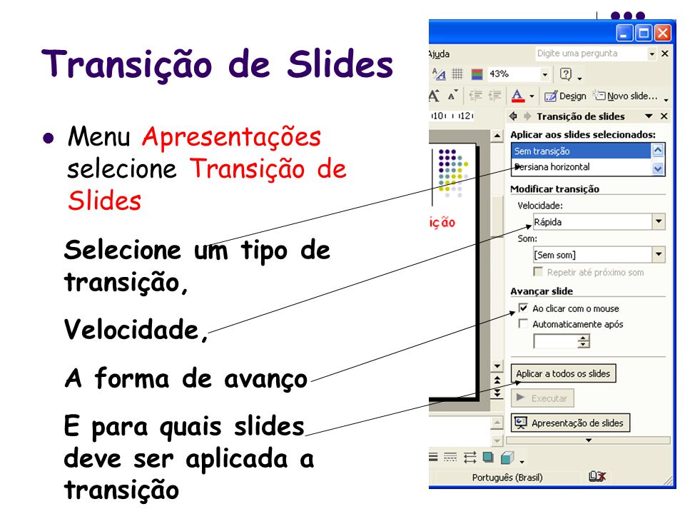 Transição de Slides Menu Apresentações selecione Transição de Slides