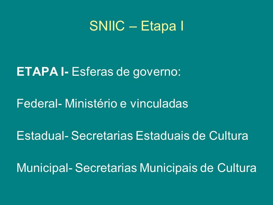 SNIIC – Etapa I ETAPA I- Esferas de governo: