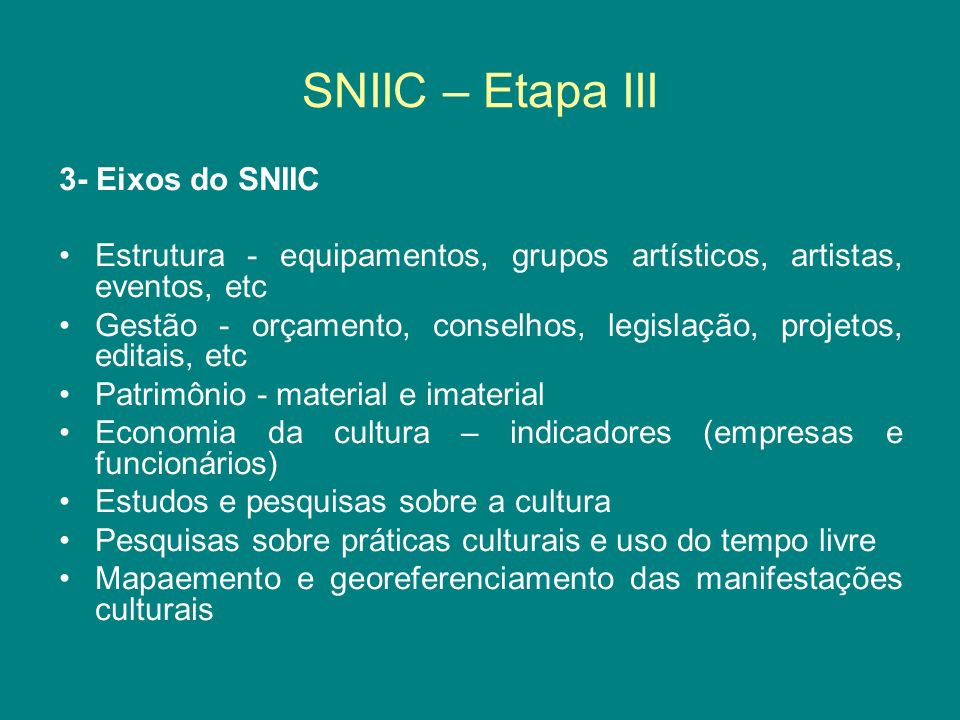 SNIIC – Etapa III 3- Eixos do SNIIC