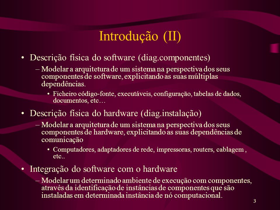 Introdução (II) Descrição física do software (diag.componentes)