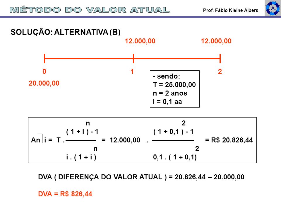 MÉTODO DO VALOR ATUAL SOLUÇÃO: ALTERNATIVA (B) , ,00